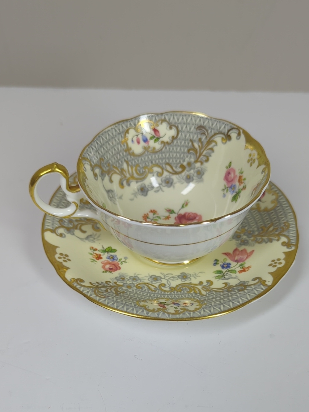 Aynsley Bone China Teacup and Saucer Ivory Cream Gold and Flowers